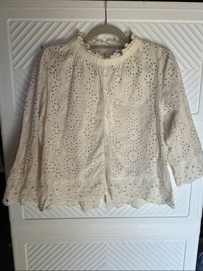 Cream Eyelet Peasant Blouse with Ruffled Neckline